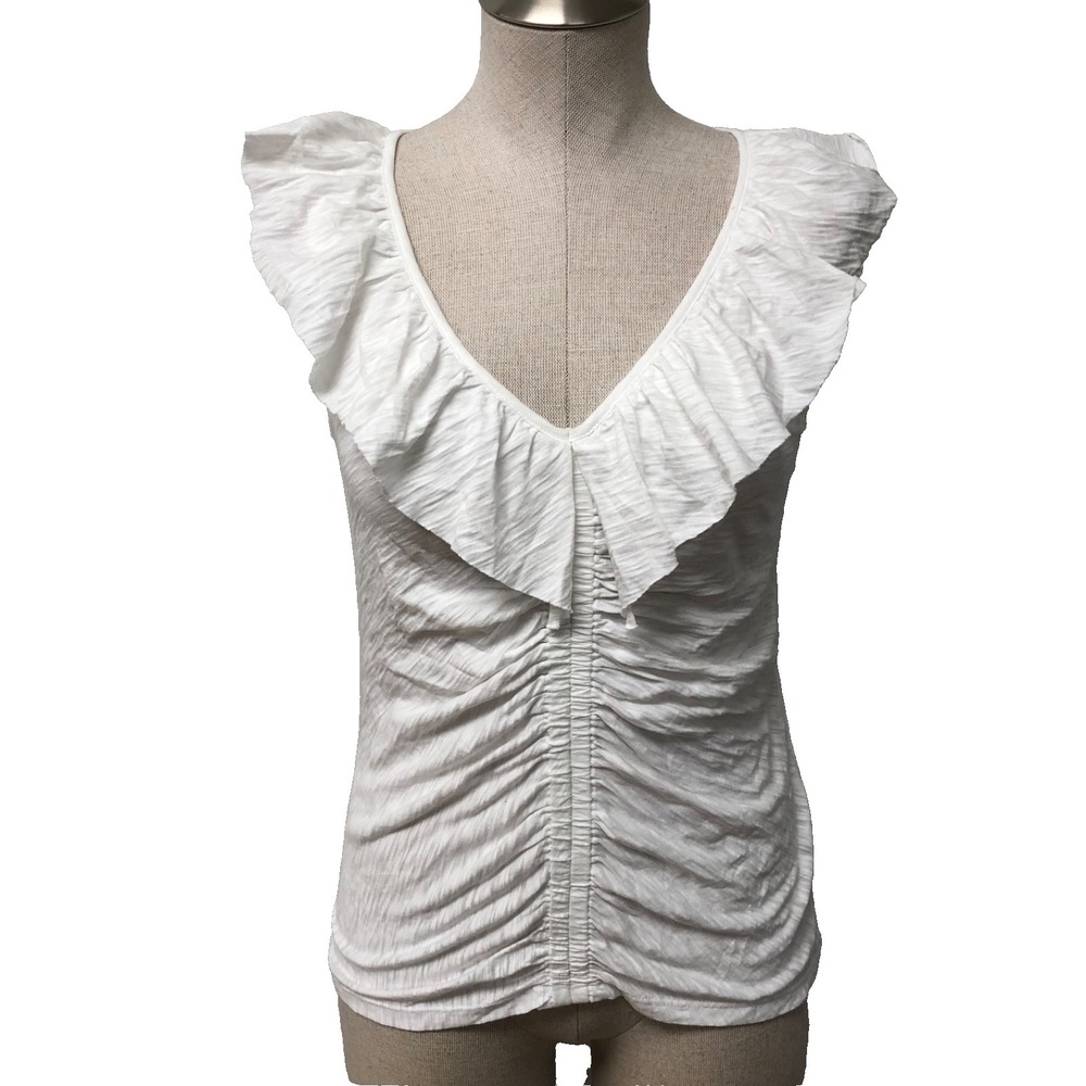 Goldie Ruffle Ruched Blouse Top Womens Small White Sleeveless Pima Cotton Casual